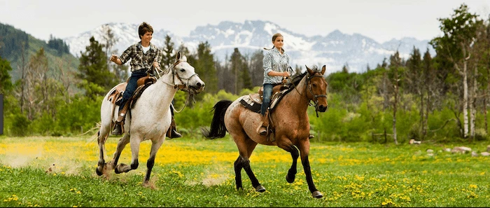 Confident plus-size woman riding Leeds a horse through a field with a smile on her face.